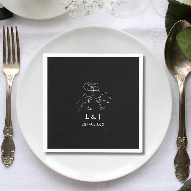 Black Minimal Cheers Personalised Wedding Cocktail Napkin (Creator Uploaded)