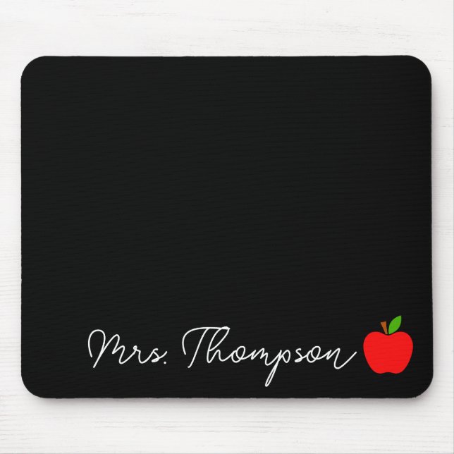 Black Minimal Custom Name Teacher Red Apple Gift Mouse Mat (Front)