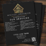 Black Minimal Home Building Construction QR Code Flyer<br><div class="desc">A simple and minimalist business flyer features your name, title, services, and a QR Code. These Luxury aesthetic business flyers are attention-grabbing, with a unique modern design, while presenting a refined high-end feel. Great for private or commercial contractors of various fields. The face of the cards features white text colours,...</div>