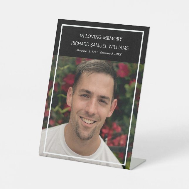 Black Minimal In Loving Memory Custom Photo Pedestal Sign (Front)