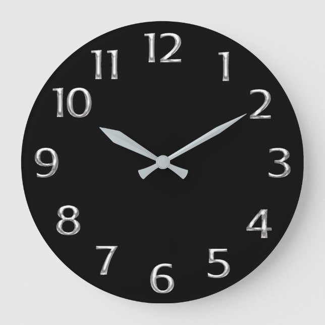 Black Minimal Metal Silver Grey Grey Arabic Numers Large Clock (Front)