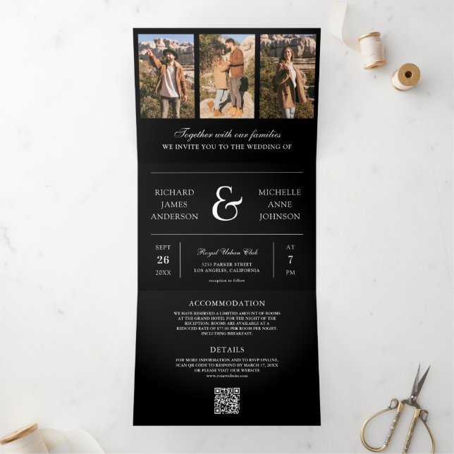 Black Minimal Photo Collage QR Code Wedding Tri-Fold Invitation (Inside)