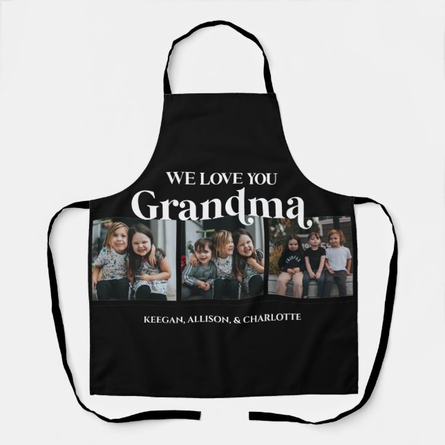 Black Minimal Retro We Love You Grandma 3 Picture  Apron (Front)