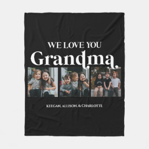 Black Minimal Retro We Love You Grandma 3 Picture  Fleece Blanket