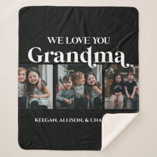 Black Minimal Retro We Love You Grandma 3 Picture Sherpa Blanket