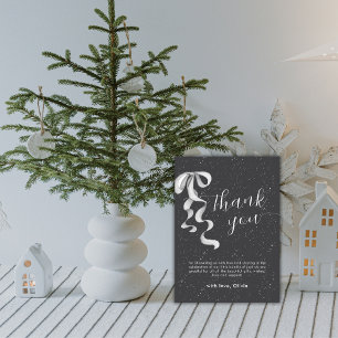 Black Minimal Silver Bow Winter Snow Baby Shower Thank You Card