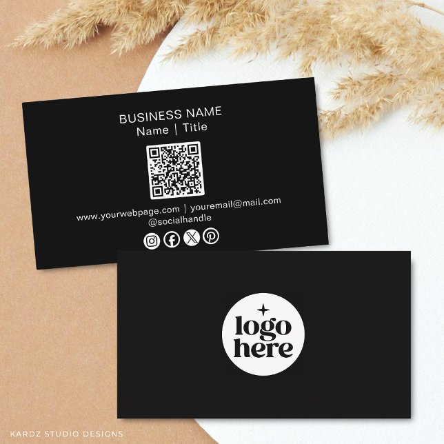Black Minimal Social Media Logo QR Code Business Card (Front and back of the card are shown at standard size. Choose paper and corner style.)