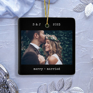 Black Minimal Typewriter Merry and Married Photo Ceramic Ornament
