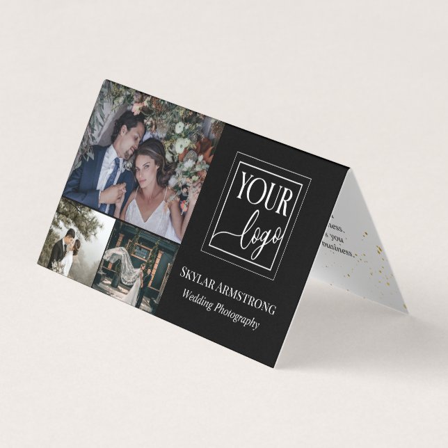 Black Minimal Your Logo Photo Collage Photographer Business Card (Front)