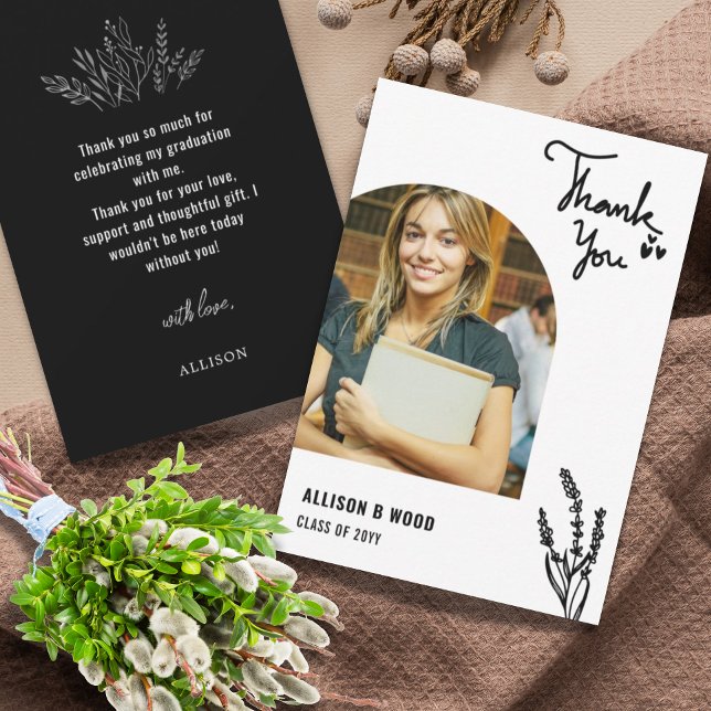 Black Minimalist 1 Photo Graduation Heart Love  Thank You Card (Creator Uploaded)