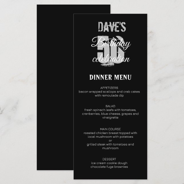 Black Minimalist 50th Any Birthday Party  Menu (Front/Back)