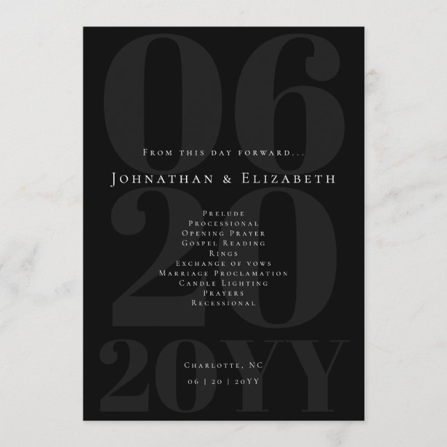 Black Minimalist Bold Type Photo Wedding Programme (Front)