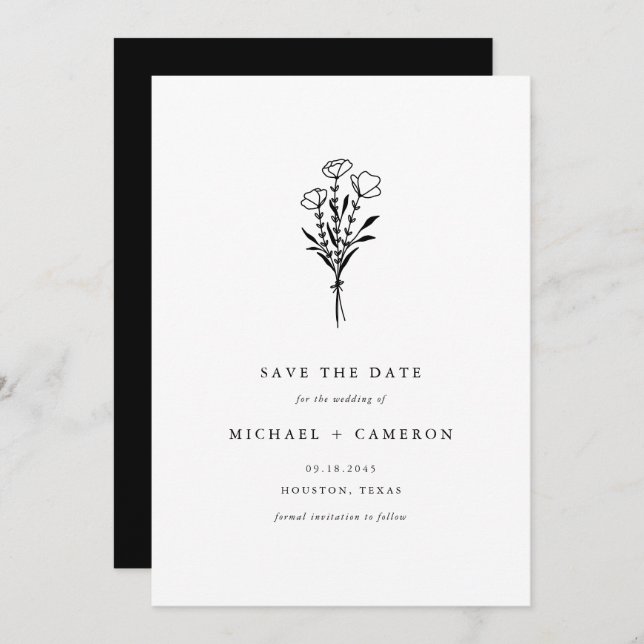 Black Minimalist Botanical Bouquet QR Code Save The Date (Front/Back)