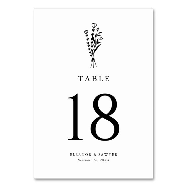 Black Minimalist Botanicals Wedding Table Number (Front)