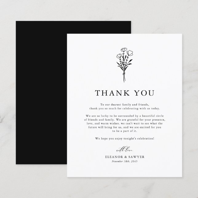 Black Minimalist Botanicals Wedding Thank You (Front/Back)