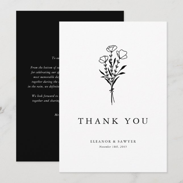 Black Minimalist Botanicals Wedding Thank You Card (Front/Back)