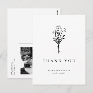 Black Minimalist Bouquet Photo Wedding Thank You Postcard