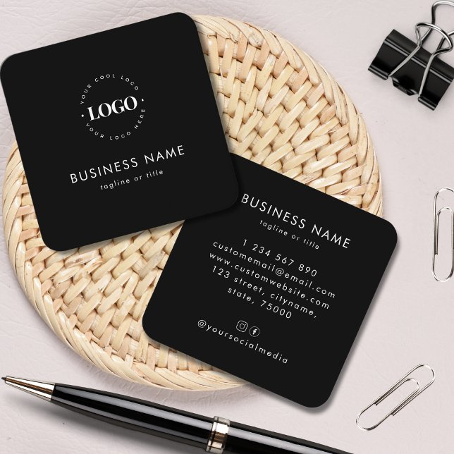 Black Minimalist Custom Logo Professional Company Square Business Card (Creator Uploaded)