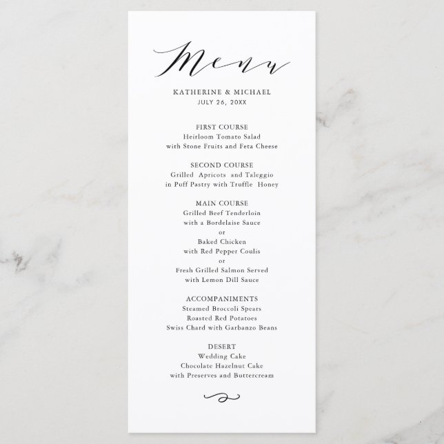 Black Minimalist Dainty Script Wedding Menu (Front)