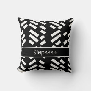 Black Minimalist Diagonal Stripe Pattern With Name Cushion