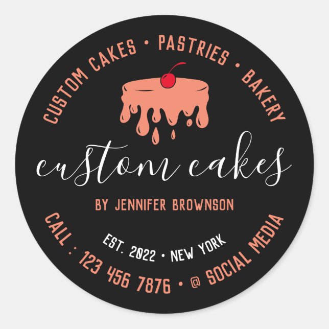 Black Minimalist Dripping Cream Bakery Chef Cake Classic Round Sticker (Front)