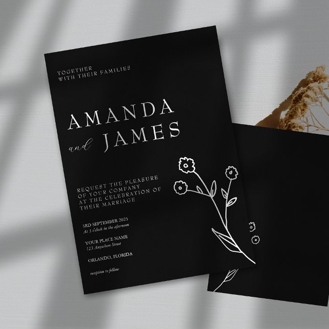 Black Minimalist Elegant Floral Wedding Invitation (Creator Uploaded)