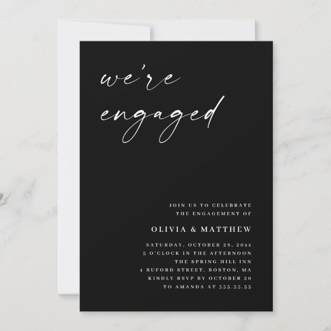 Black Minimalist Engagement Party | Photo & QR Invitation (Front)