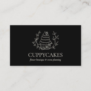 Black Minimalist Floral Bakery Strawberry Cupcake Business Card