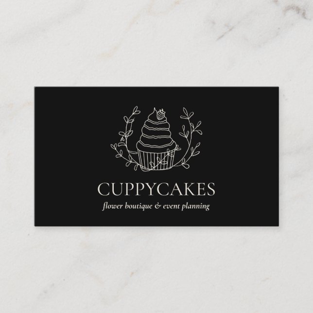 Black Minimalist Floral Bakery Strawberry Cupcake Business Card (Front)