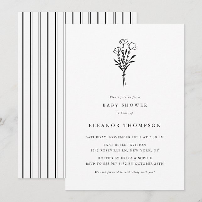 Black Minimalist Floral Bouquet Baby Shower Invitation (Front/Back)
