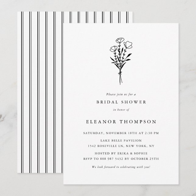 Black Minimalist Floral Bouquet Bridal Shower Invitation (Front/Back)