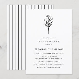Black Minimalist Floral Bouquet Bridal Shower Invitation
