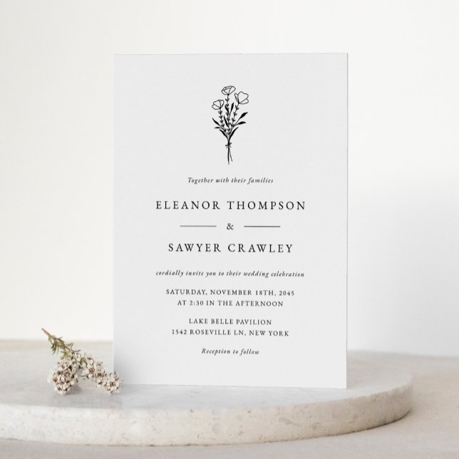 Black Minimalist Floral Bouquet QR Code Wedding Invitation Postcard (Black Minimalist Floral Bouquet QR Code Wedding Invitation Postcard)