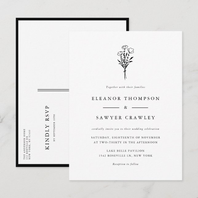 Black Minimalist Floral Bouquet Wedding Invitation Postcard (Front/Back)