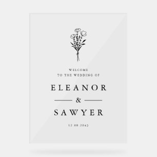 Black Minimalist Floral Bouquet Wedding  Welcome Acrylic Sign