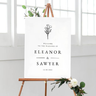 Black Minimalist Floral Bouquet Wedding  Welcome Poster