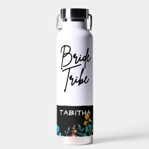 Black Minimalist Floral "Bride Tribe" Name Water Bottle