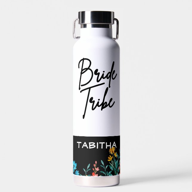 Black Minimalist Floral "Bride Tribe" Name  Water Bottle (Front)