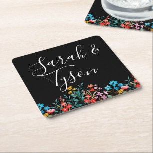 Black Minimalist Floral Wedding Reception with  Square Paper Coaster