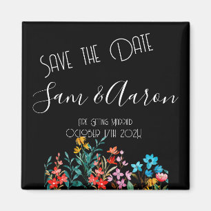 Black Minimalist Floral Wedding Save the Date Magnet