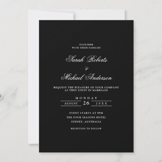 Black Minimalist Formal Romantic Script Wedding Invitation (Front)