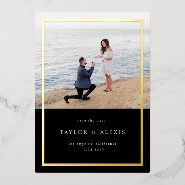Black Minimalist Frame Photo Save the Date Gold (Front)