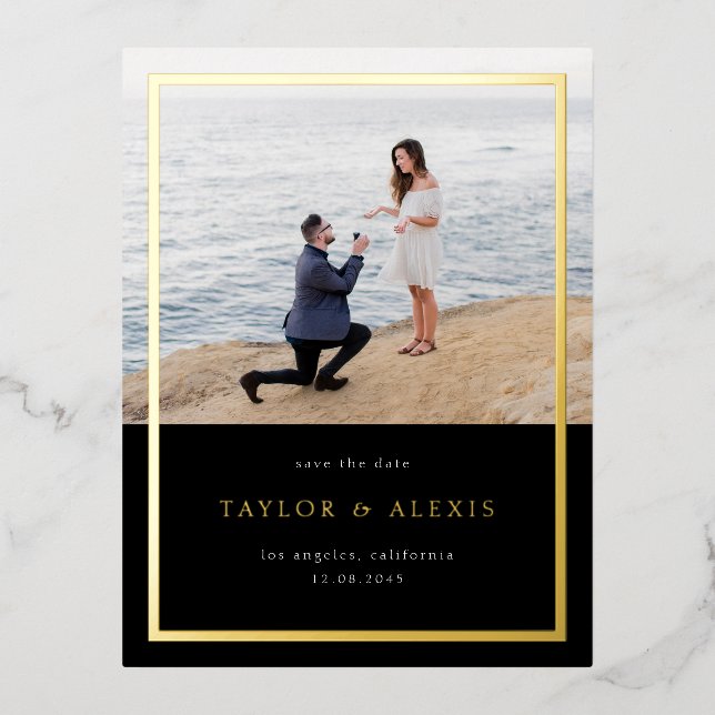 Black Minimalist Frame Photo Save the Date Gold Foil Invitation Postcard (Front)