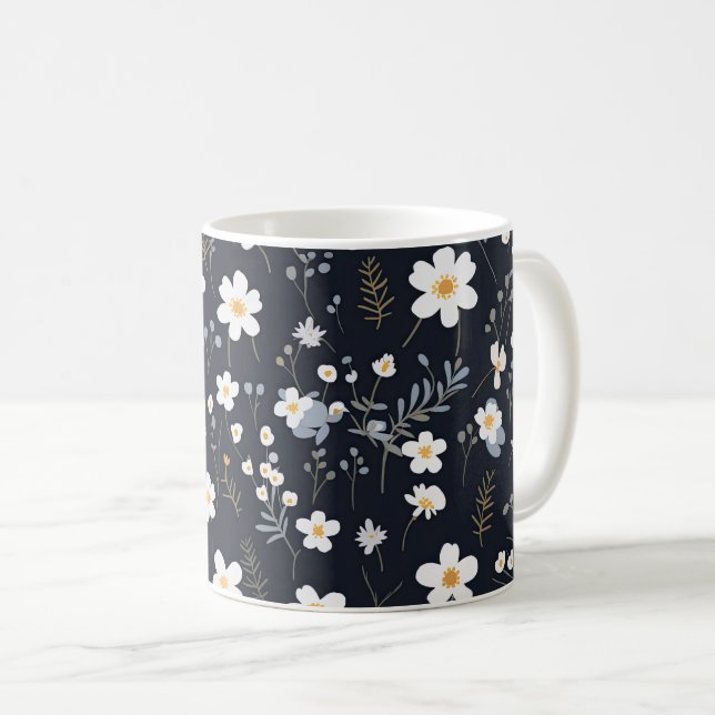 Black Minimalist Gentle Garden Wildflowers Nursery Coffee Mug (Front Right)