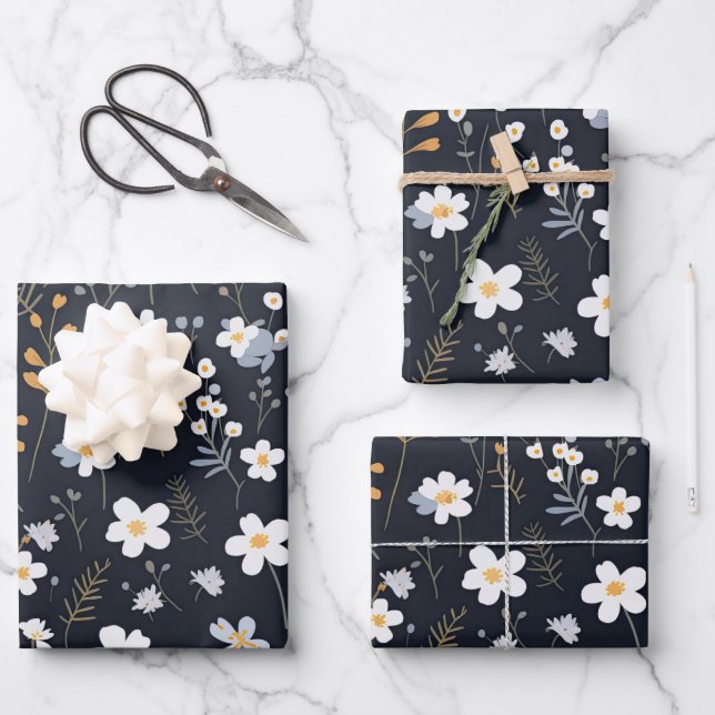 Black Minimalist Gentle Garden Wildflowers Nursery Wrapping Paper Sheet (Front)