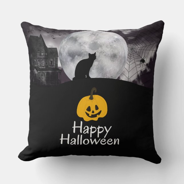 Black minimalist Happy Halloween Cushion (Front)