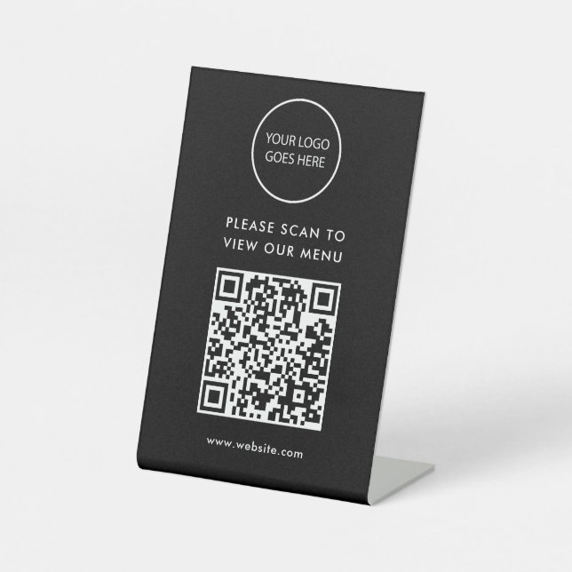 Black Minimalist Logo QR Code Contactless Menu Pedestal Sign (Front)