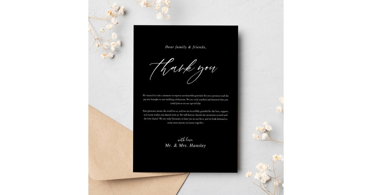 Black Minimalist Modern Calligraphy Wedding Thank You Card | Zazzle