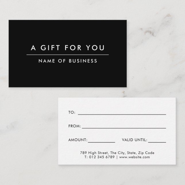 Black Minimalist Modern Gift Certificate Card (Front/Back)