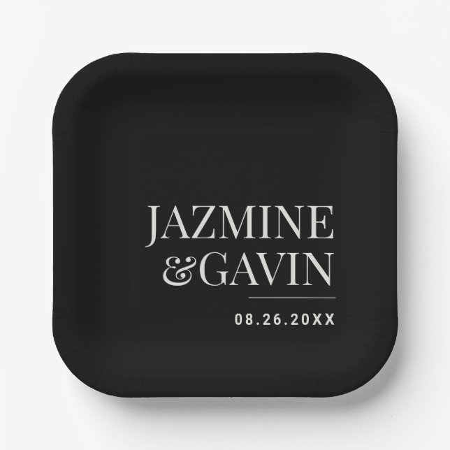 Black Minimalist Modern Personalised Wedding Paper Plate (Front)